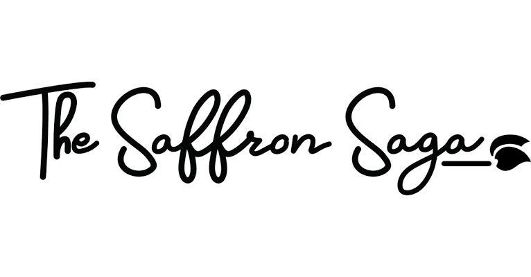 Logo reading 'The Saffron Saga' in black script with a saffron flower icon.