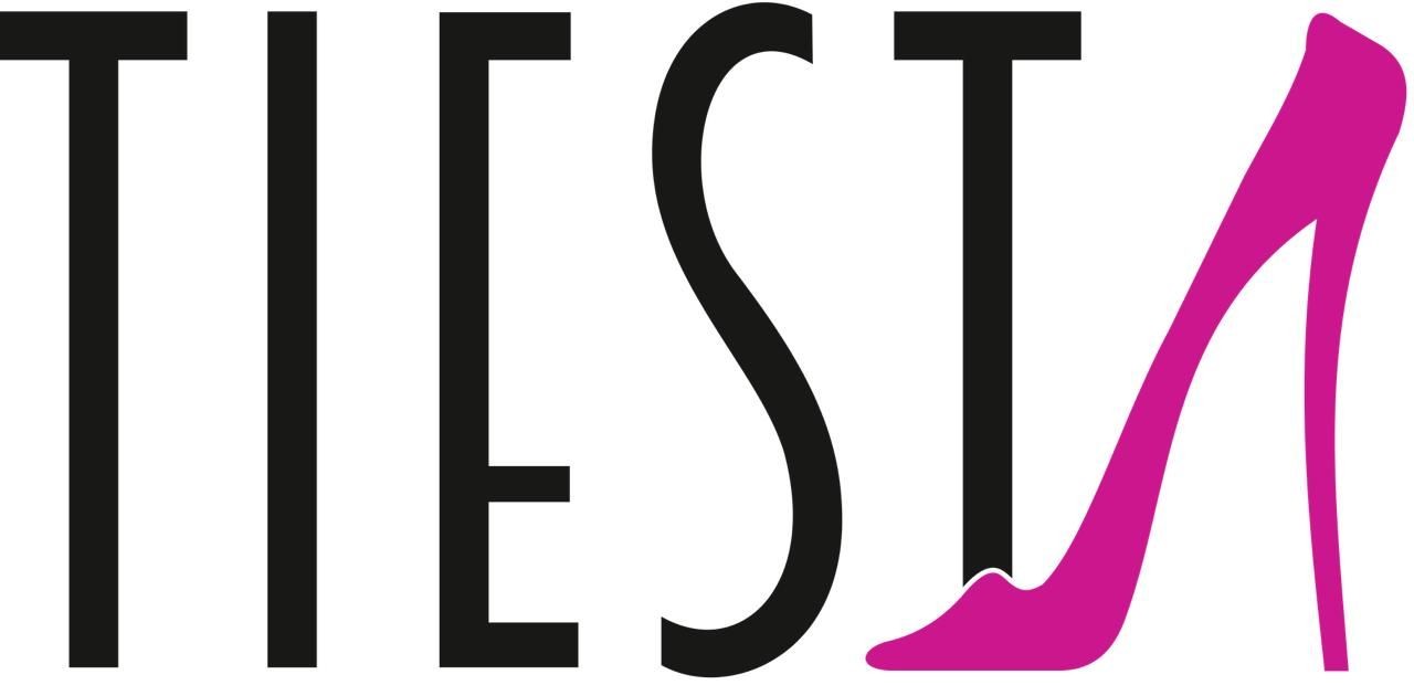 Tiesta logo with a pink high-heeled shoe replacing the letter A.