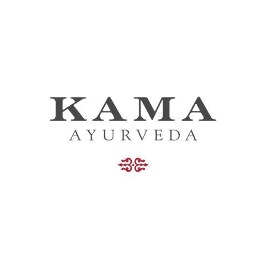 Logo of Kama Ayurveda with decorative red symbol below text.