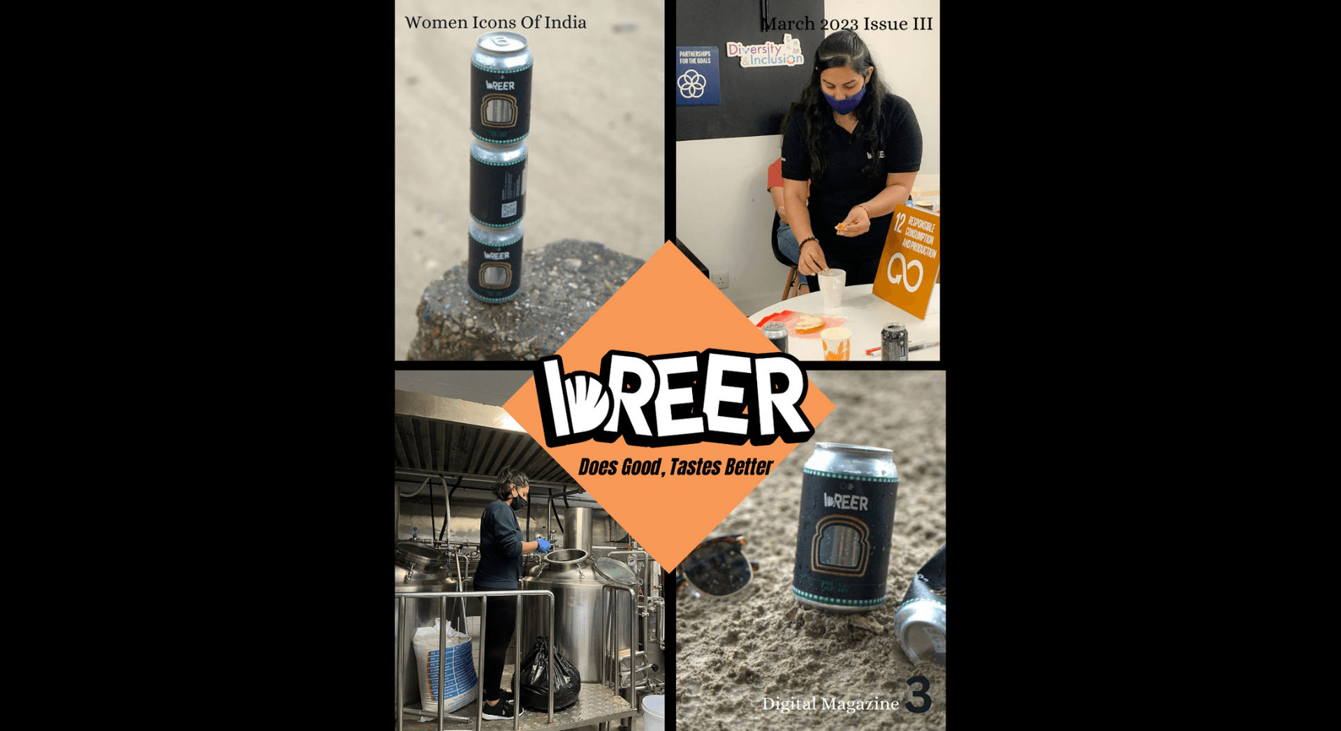 Collage of women in beer production, cans of LoReer beer, and sustainability initiative.