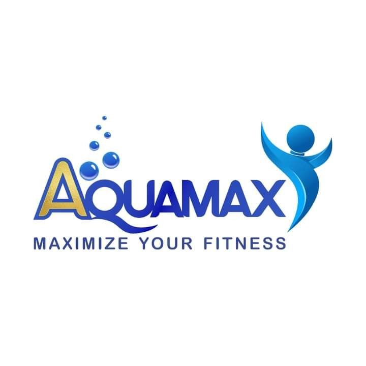 Aquamax logo with bubbles and figure, slogan 'Maximize Your Fitness'.