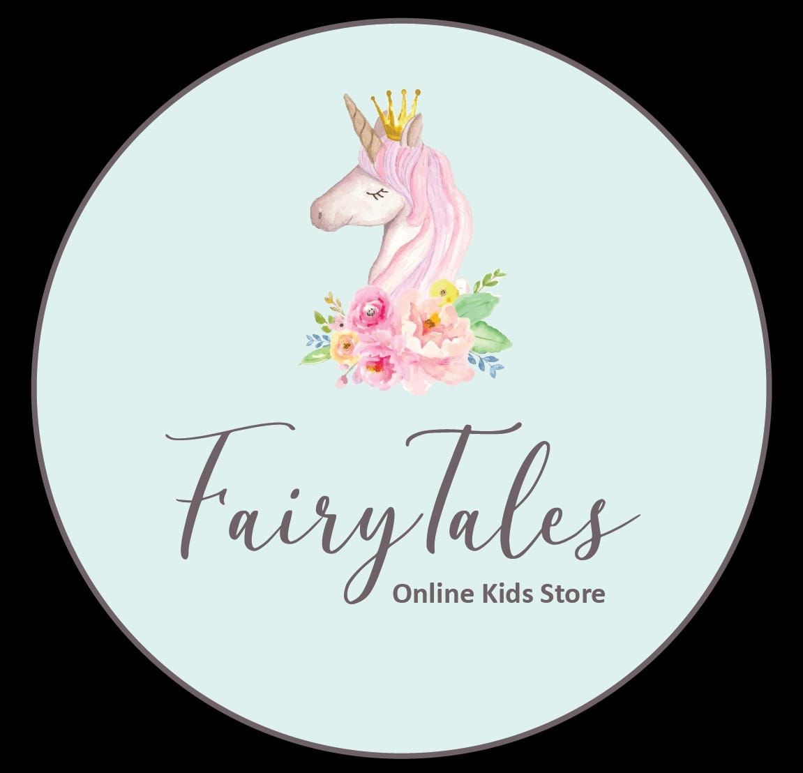 Logo for FairyTales Online Kids Store, featuring a unicorn with a crown and floral accents.