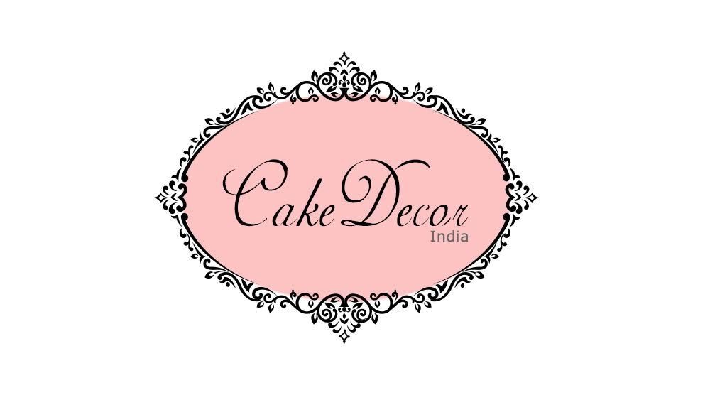 Logo of Cake Decor India with ornate black border on a pink background.